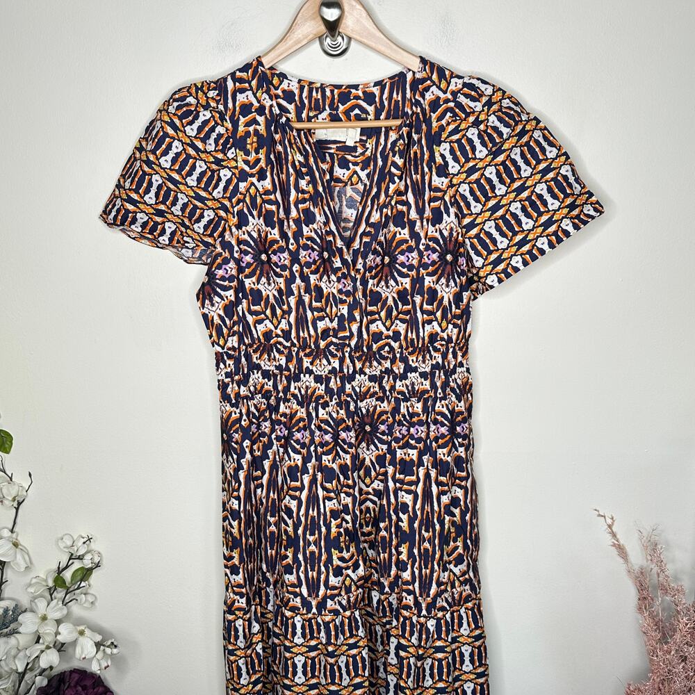 ANTHROPOLOGIE The Somerset Maxi Dress Cotton Geometric Navy Orange Sz M {Y39} - Picture 3 of 8